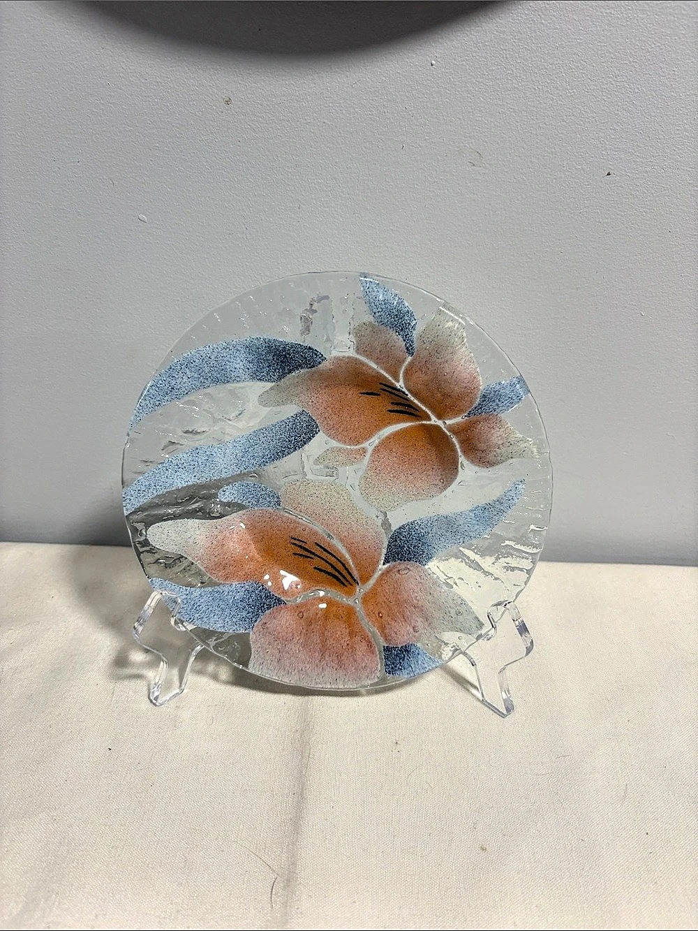 1970’s Floral Glass Decorative Plate - Clear & Blue